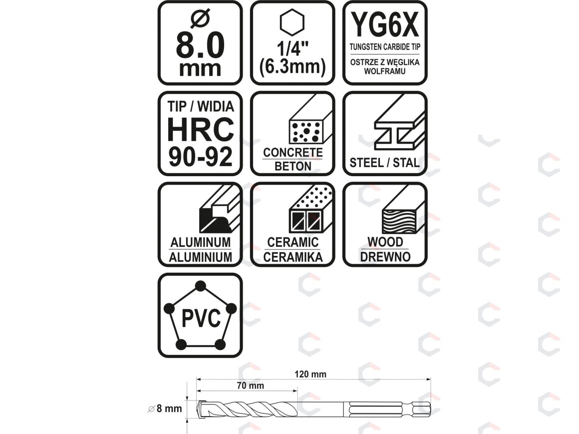 Grąžtas universalus su Hex 6.3 mm (1/4") galu | 8.0 mm (21690) 3 Grąžtas universalus su Hex 6.3 mm (1/4") galu | 8.0 mm (21690) 3
