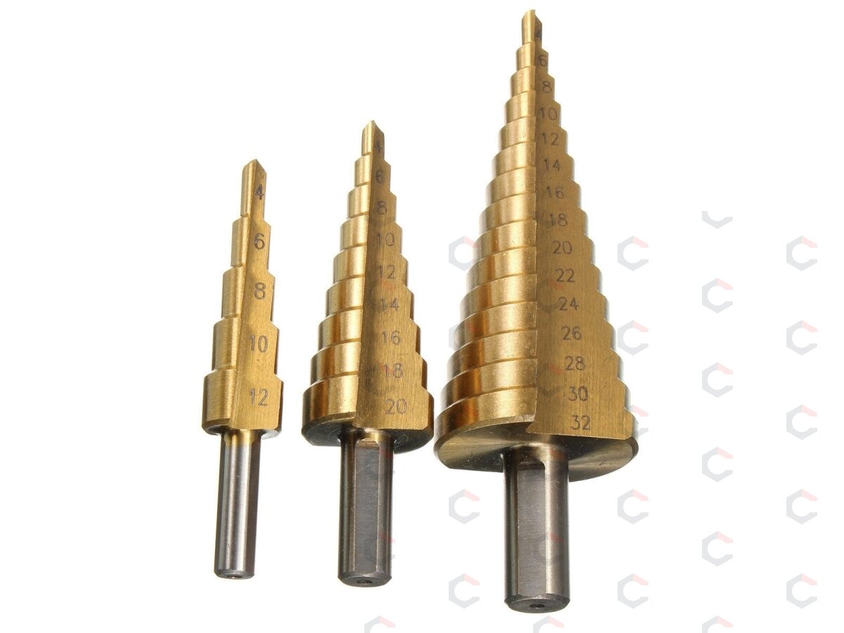 Pakopinių grąžtų rinkinys | titano danga | 4–32 mm | 3 vnt. (EB-4345) 4 Pakopinių grąžtų rinkinys | titano danga | 4–32 mm | 3 vnt. (EB-4345) 4