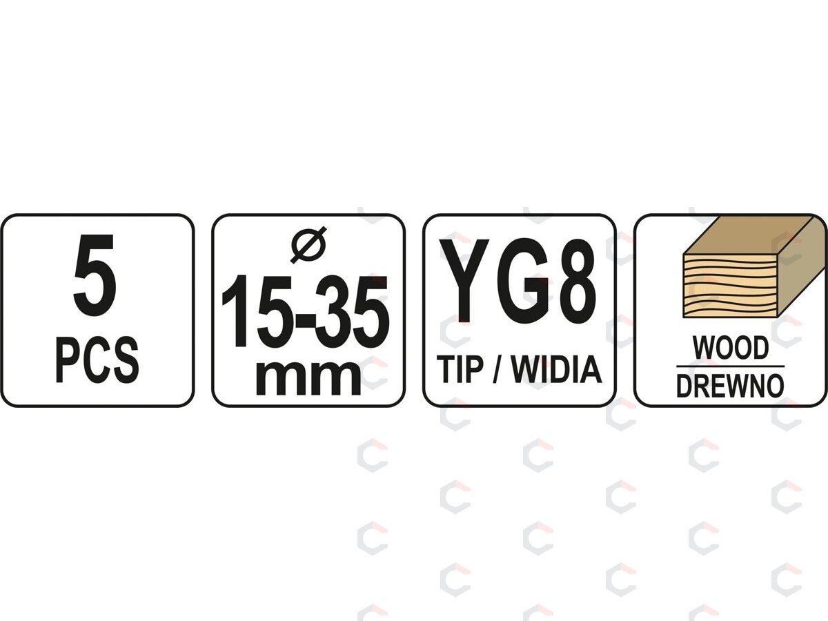Grąžtų/frezų medžiui rinkinys | 15-35 mm | 5 vnt. (YT-33015) 4 Grąžtų/frezų medžiui rinkinys | 15-35 mm | 5 vnt. (YT-33015) 4