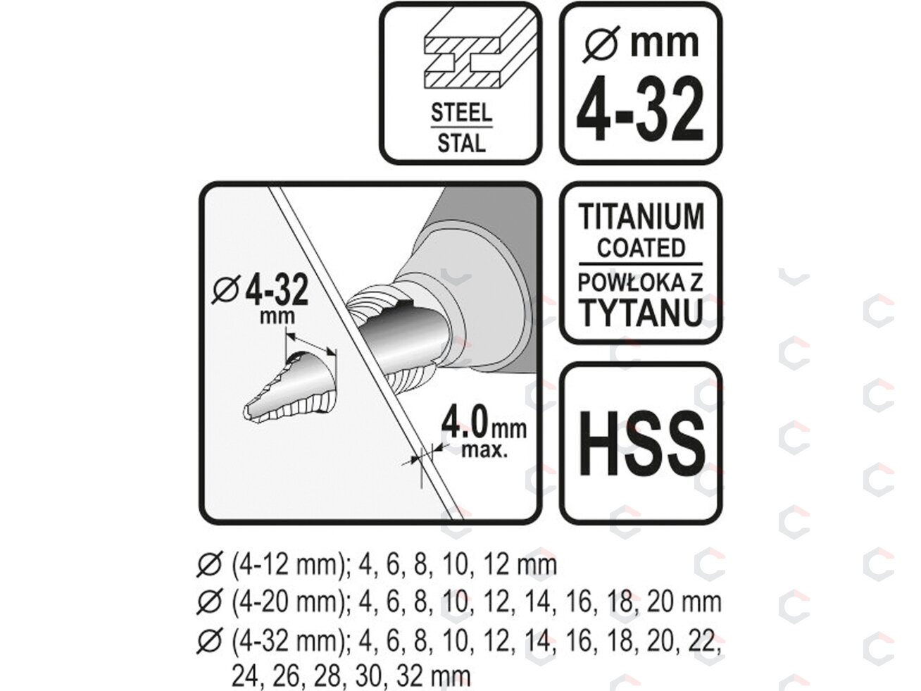 Grąžtai skylės (pa)platinimui pakopiniai | 4-32 mm | 3 vnt. (22616) 3 Grąžtai skylės (pa)platinimui pakopiniai | 4-32 mm | 3 vnt. (22616) 3