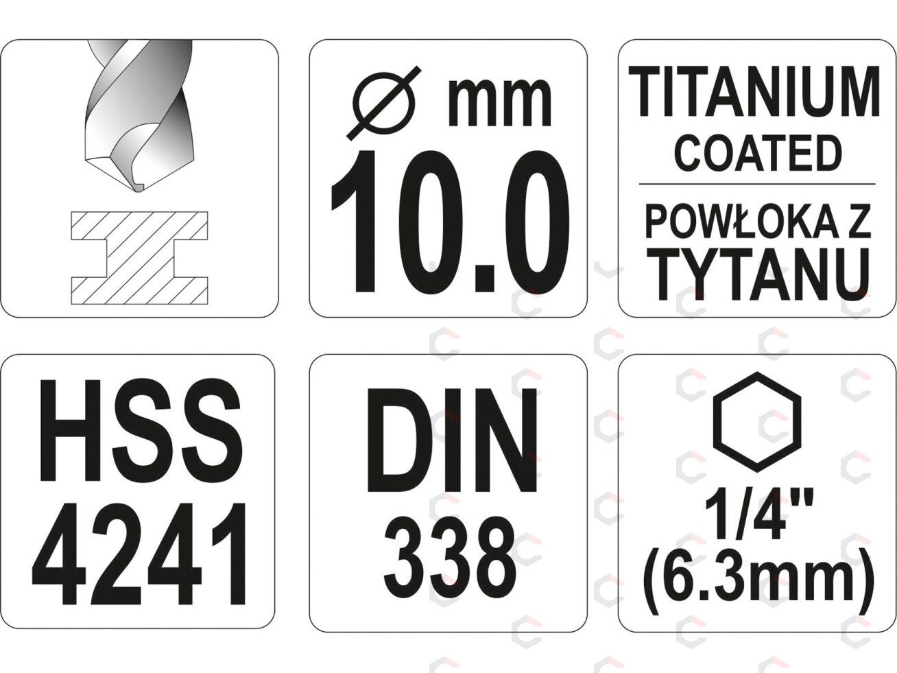 Grąžtas metalui su Hex 6.3 mm (1/4") galu HSS-TiN | 10.0 mm (YT-44772) 3 Grąžtas metalui su Hex 6.3 mm (1/4") galu HSS-TiN | 10.0 mm (YT-44772) 3