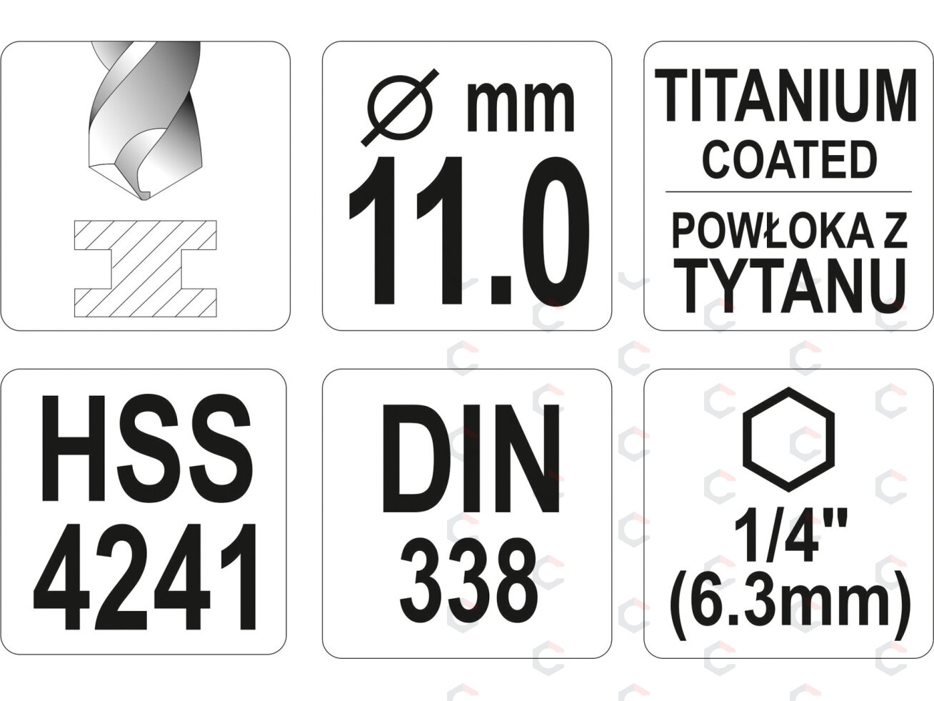 Grąžtas metalui su Hex 6.3 mm (1/4") galu HSS-TiN | 11.0 mm (YT-44773) 2 Grąžtas metalui su Hex 6.3 mm (1/4") galu HSS-TiN | 11.0 mm (YT-44773) 2