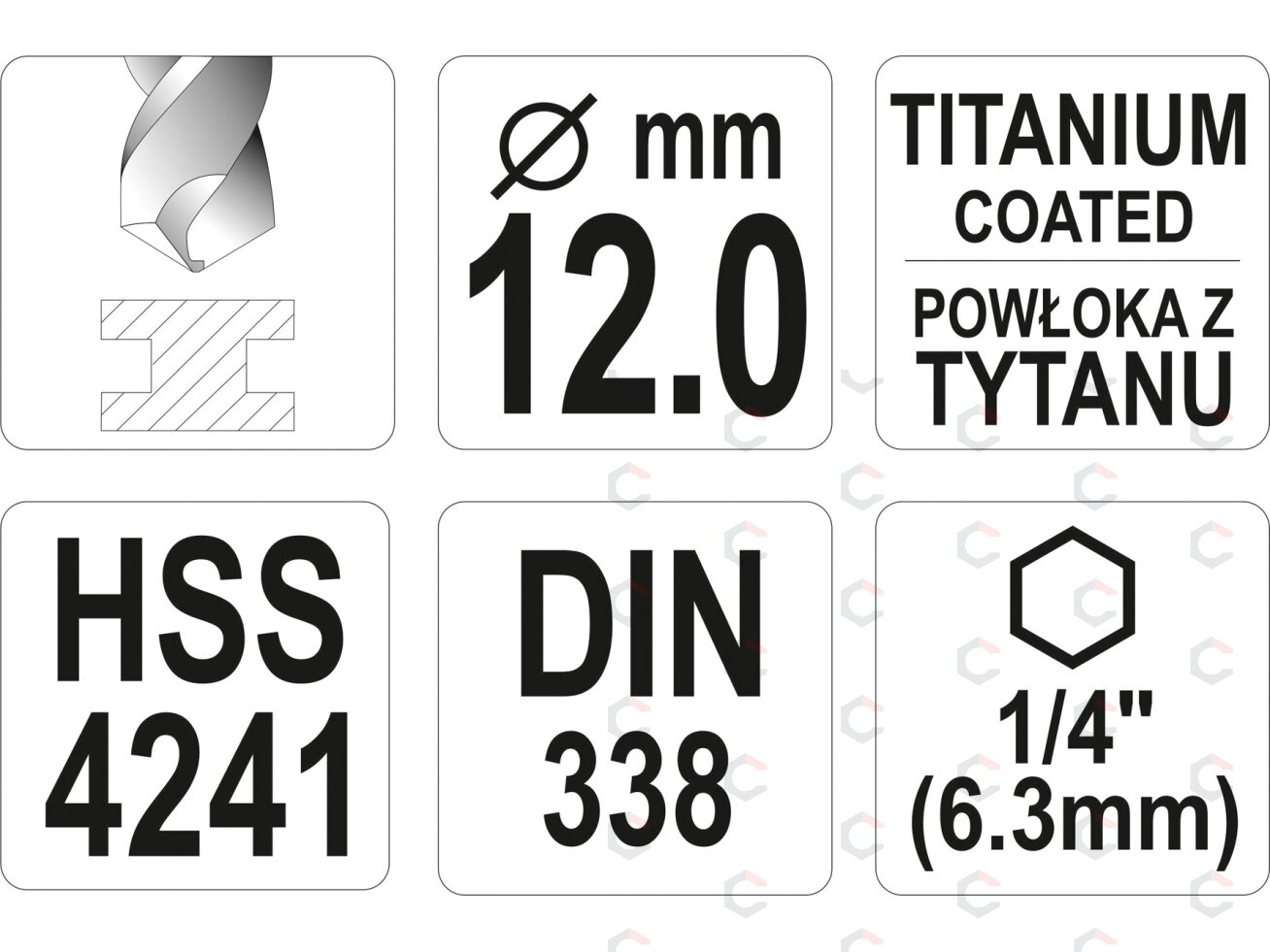 Grąžtas metalui su Hex 6.3 mm (1/4") galu HSS-TiN | 12.0 mm (YT-44774) 3