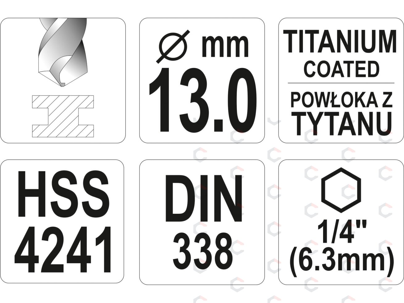 Grąžtas metalui su Hex 6.3 mm (1/4") galu HSS-TiN | 13.0 mm (YT-44776) 3