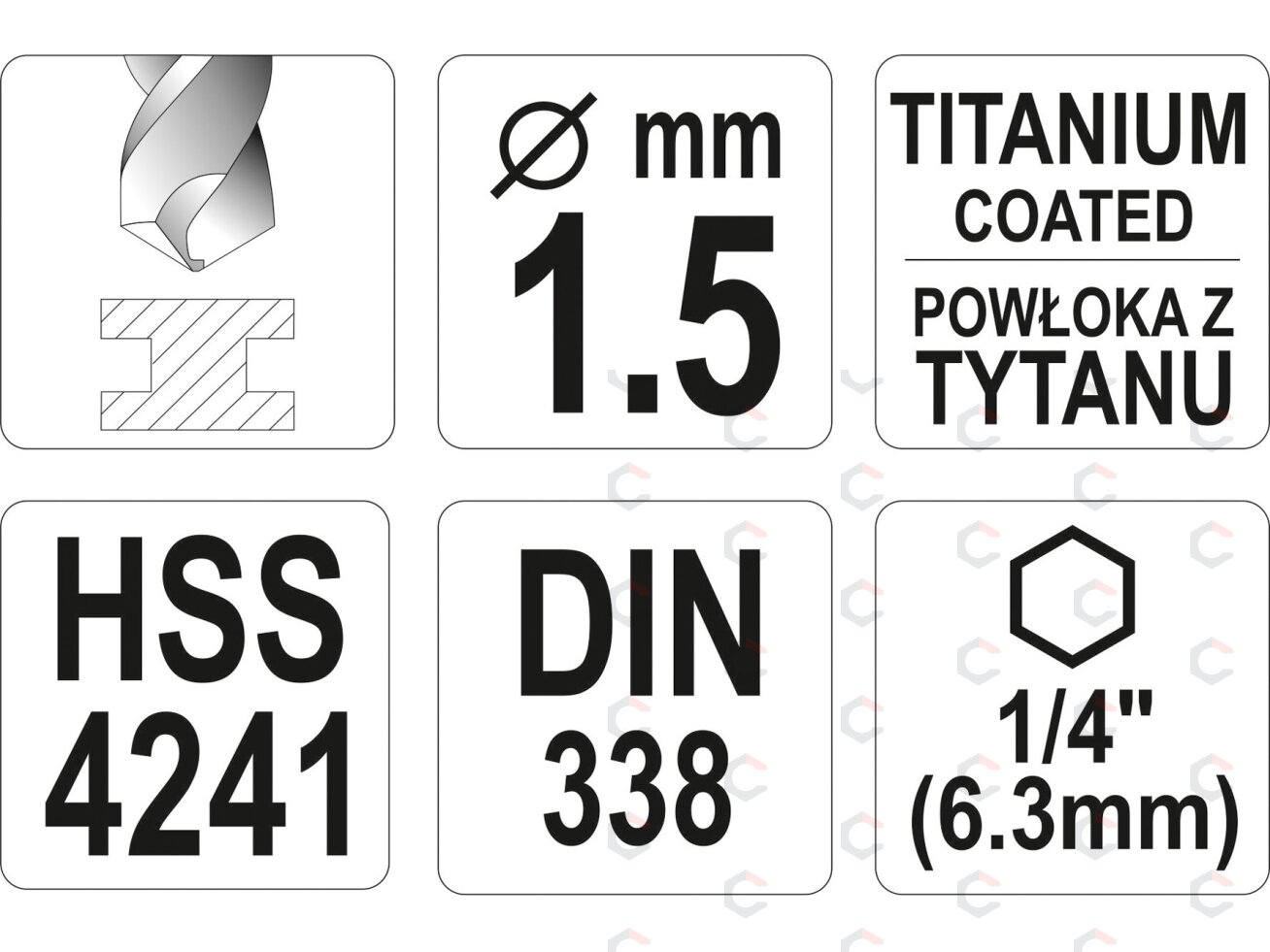 Grąžtas metalui su Hex 6.3 mm (1/4") galu HSS-TiN | 1,5 mm (YT-44750) 3 Grąžtas metalui su Hex 6.3 mm (1/4") galu HSS-TiN | 1,5 mm (YT-44750) 3