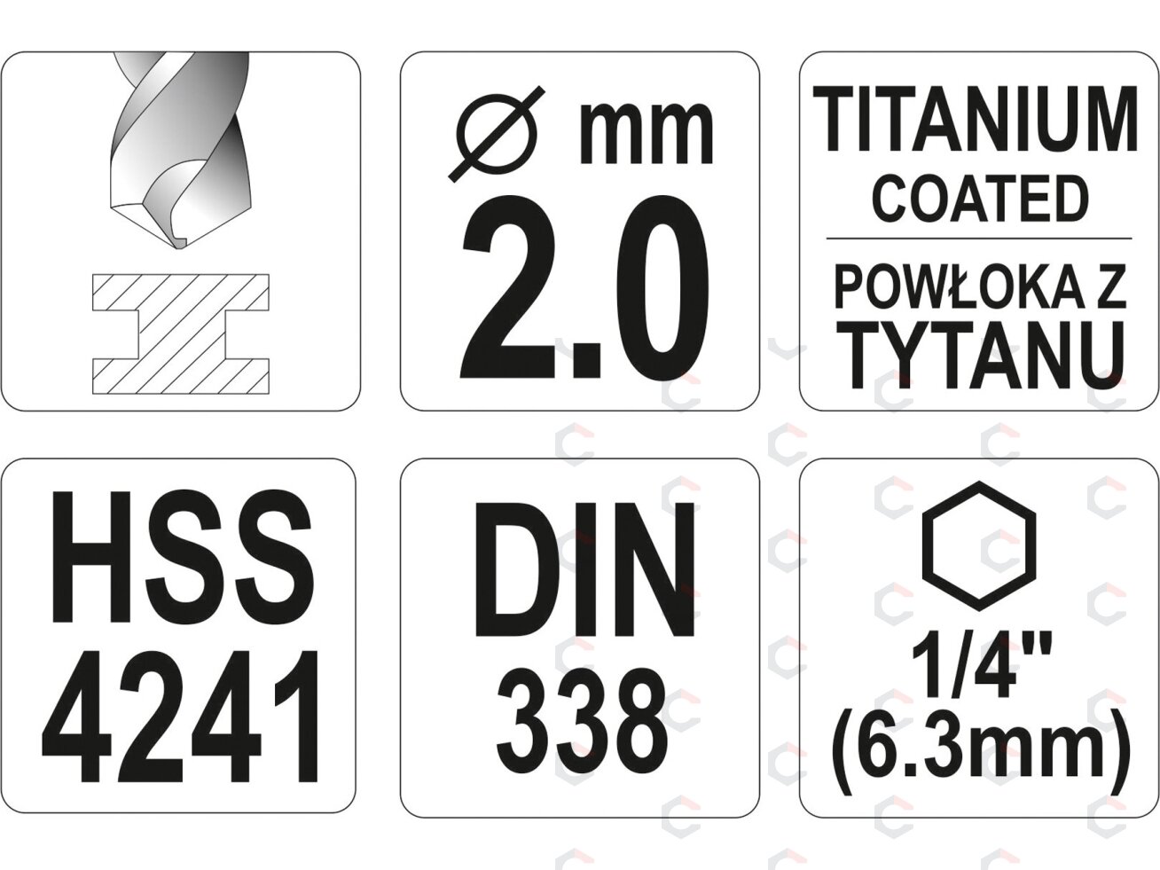Grąžtas metalui su Hex 6.3 mm (1/4") galu HSS-TiN | 2.0 mm (YT-44751) 3 Grąžtas metalui su Hex 6.3 mm (1/4") galu HSS-TiN | 2.0 mm (YT-44751) 3