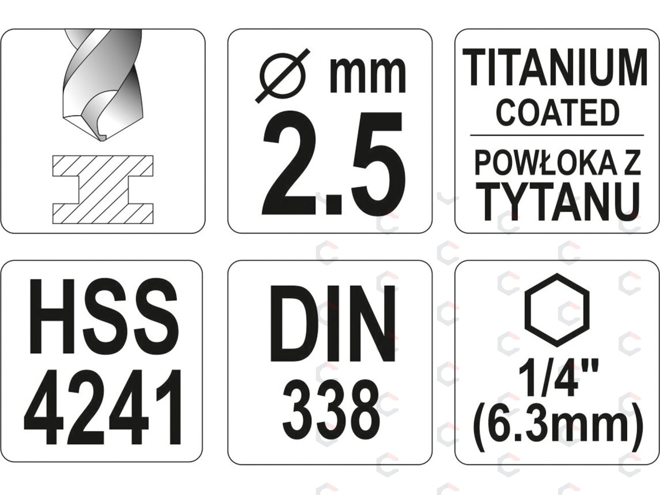 Grąžtas metalui su Hex 6.3 mm (1/4") galu HSS-TiN | 2.5 mm (YT-44752) 3 Grąžtas metalui su Hex 6.3 mm (1/4") galu HSS-TiN | 2.5 mm (YT-44752) 3