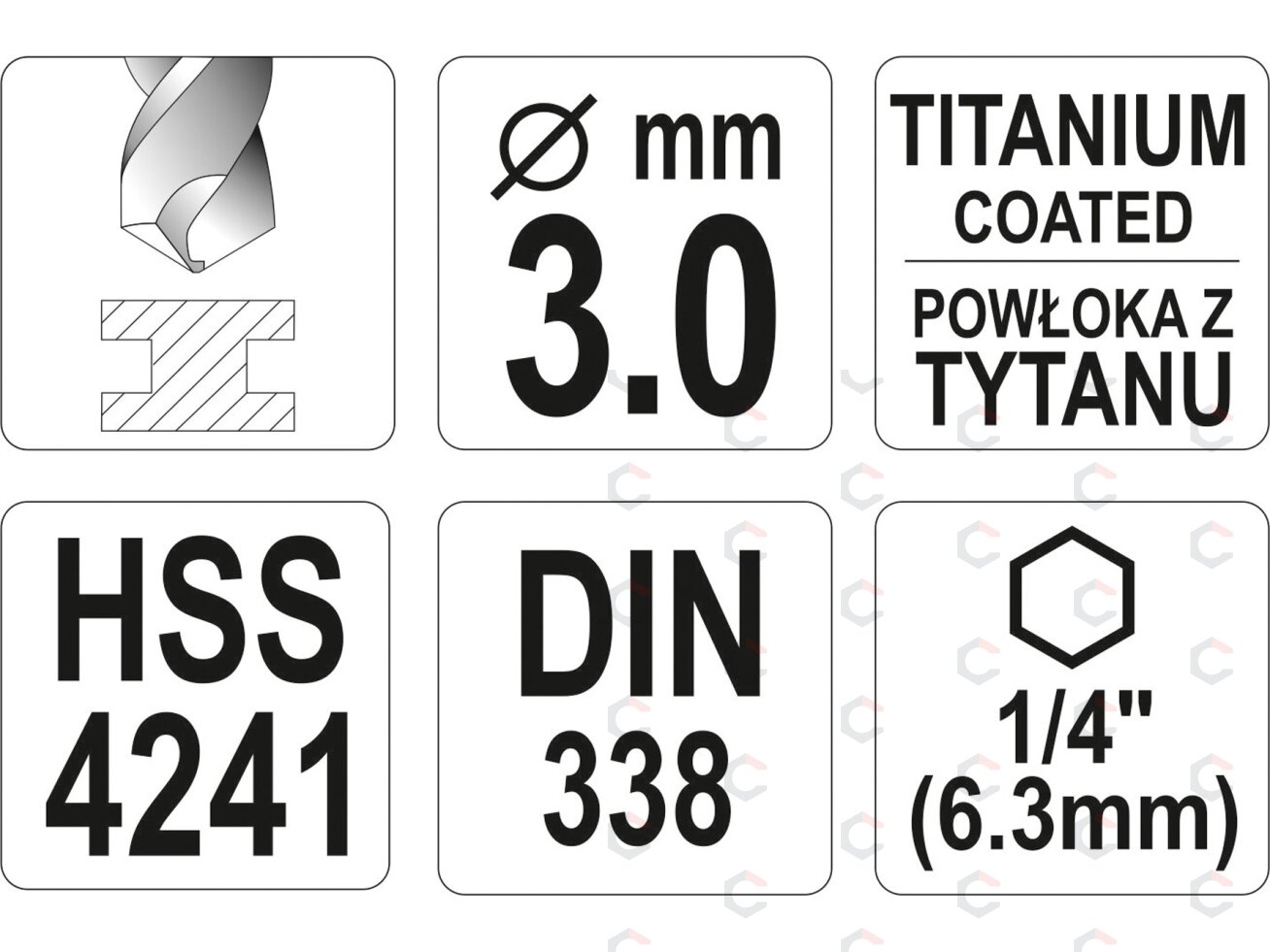Grąžtas metalui su Hex 6.3 mm (1/4") galu HSS-TiN | 3.0 mm (YT-44754) 3 Grąžtas metalui su Hex 6.3 mm (1/4") galu HSS-TiN | 3.0 mm (YT-44754) 3