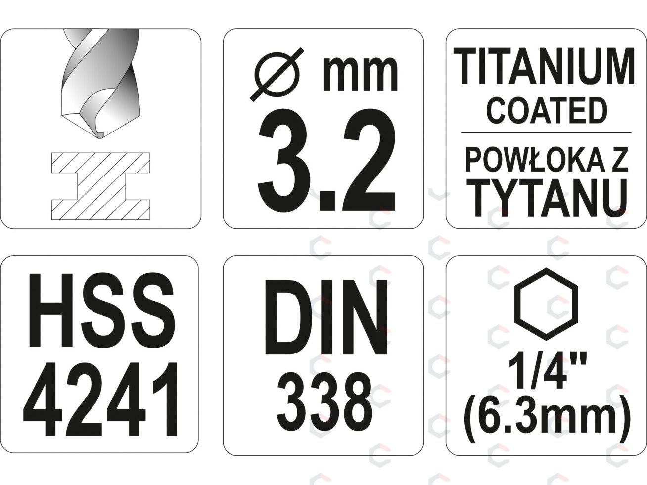 Grąžtas metalui su Hex 6.3 mm (1/4") galu HSS-TiN | 3.2 mm (YT-44755) 3 Grąžtas metalui su Hex 6.3 mm (1/4") galu HSS-TiN | 3.2 mm (YT-44755) 3