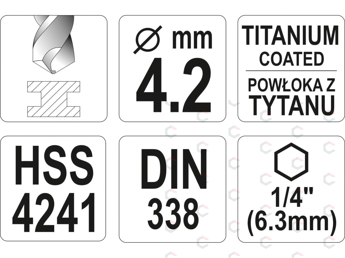 Grąžtas metalui su Hex 6.3 mm (1/4") galu HSS-TiN | 4.2 mm (YT-44758) 3 Grąžtas metalui su Hex 6.3 mm (1/4") galu HSS-TiN | 4.2 mm (YT-44758) 3