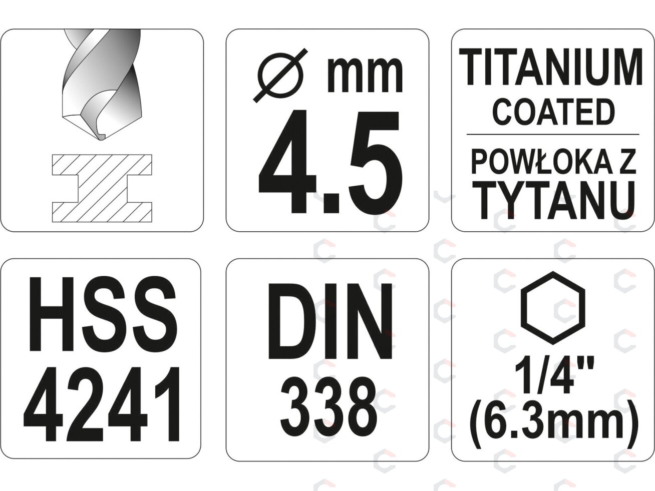 Grąžtas metalui su Hex 6.3 mm (1/4") galu HSS-TiN | 6.5 mm (YT-44765) 3