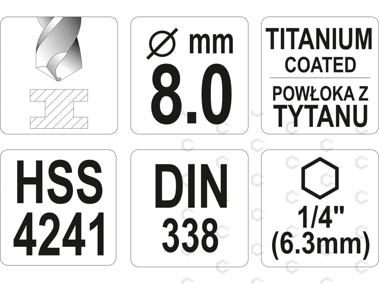 Grąžtas metalui su Hex 6.3 mm (1/4") galu HSS-TiN | 8.0 mm (YT-44768) 3 Grąžtas metalui su Hex 6.3 mm (1/4") galu HSS-TiN | 8.0 mm (YT-44768) 3