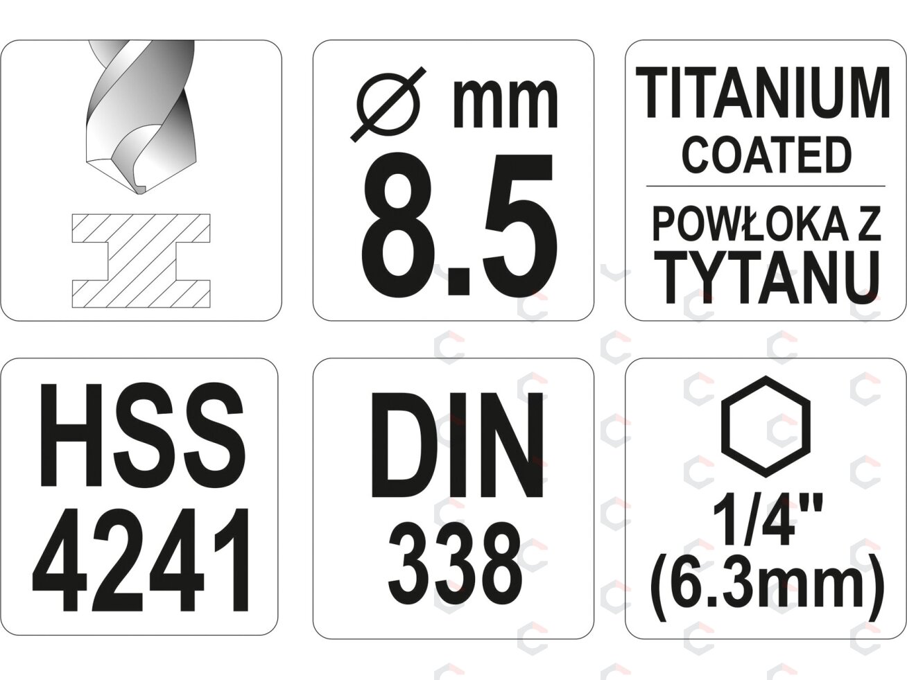 Grąžtas metalui su Hex 6.3 mm (1/4") galu HSS-TiN | 8.5 mm (YT-44769) 3 Grąžtas metalui su Hex 6.3 mm (1/4") galu HSS-TiN | 8.5 mm (YT-44769) 3