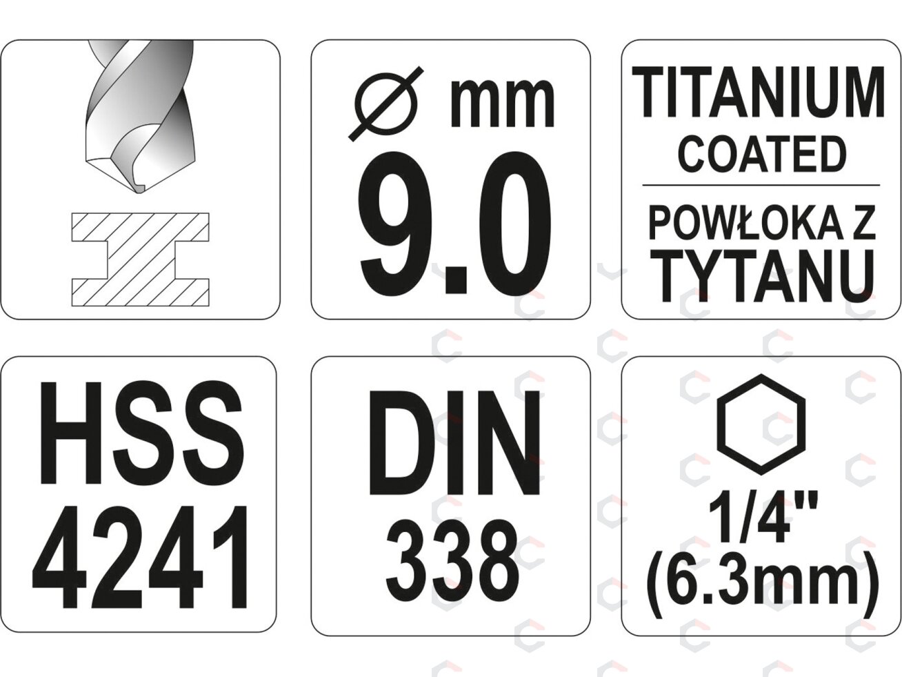 Grąžtas metalui su Hex 6.3 mm (1/4") galu HSS-TiN | 9.0 mm (YT-44770) 2 Grąžtas metalui su Hex 6.3 mm (1/4") galu HSS-TiN | 9.0 mm (YT-44770) 2