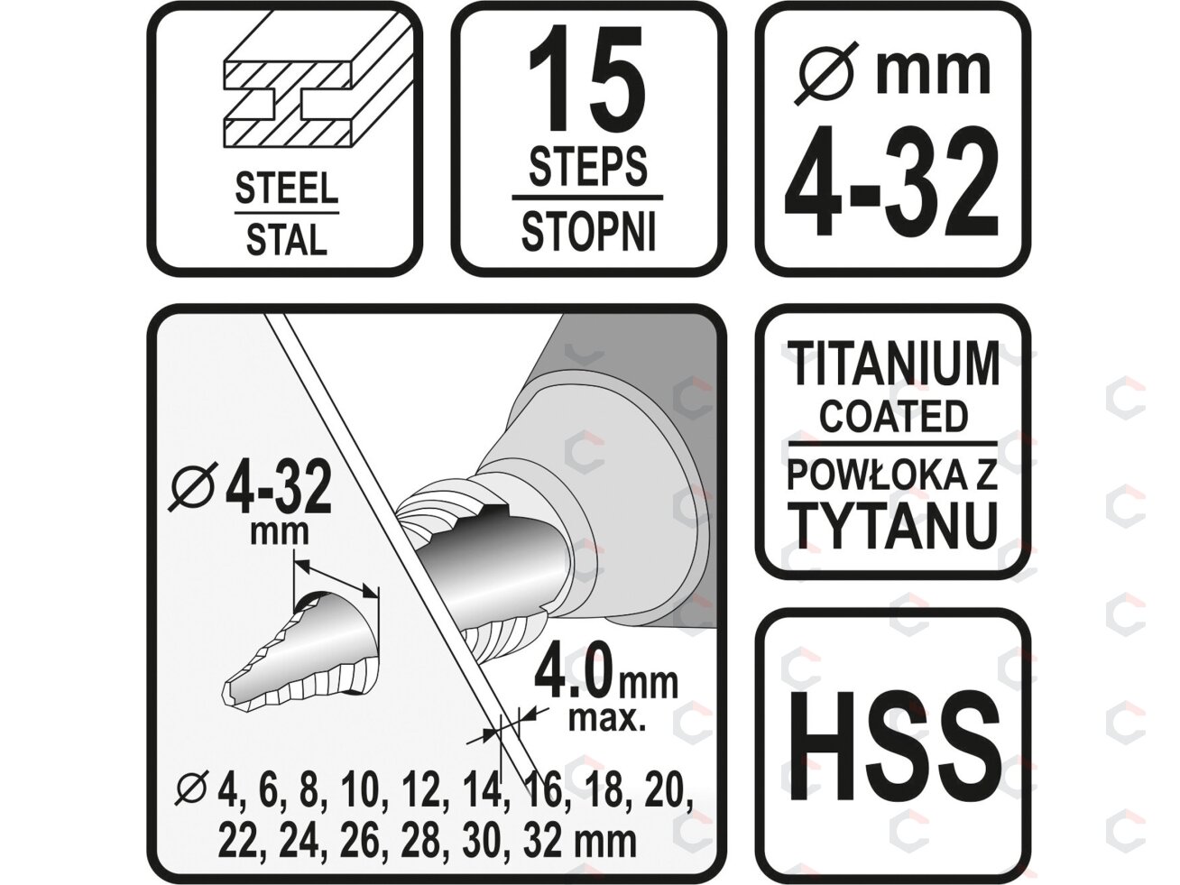 Grąžtas skylės (pa)platinimui pakopinis | 4-32 mm (22612) 4