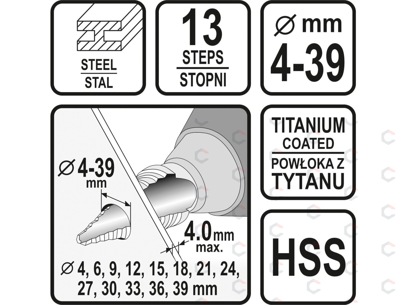 Grąžtas skylės (pa)platinimui pakopinis | 4-39 mm (22613) 4 Grąžtas skylės (pa)platinimui pakopinis | 4-39 mm (22613) 4