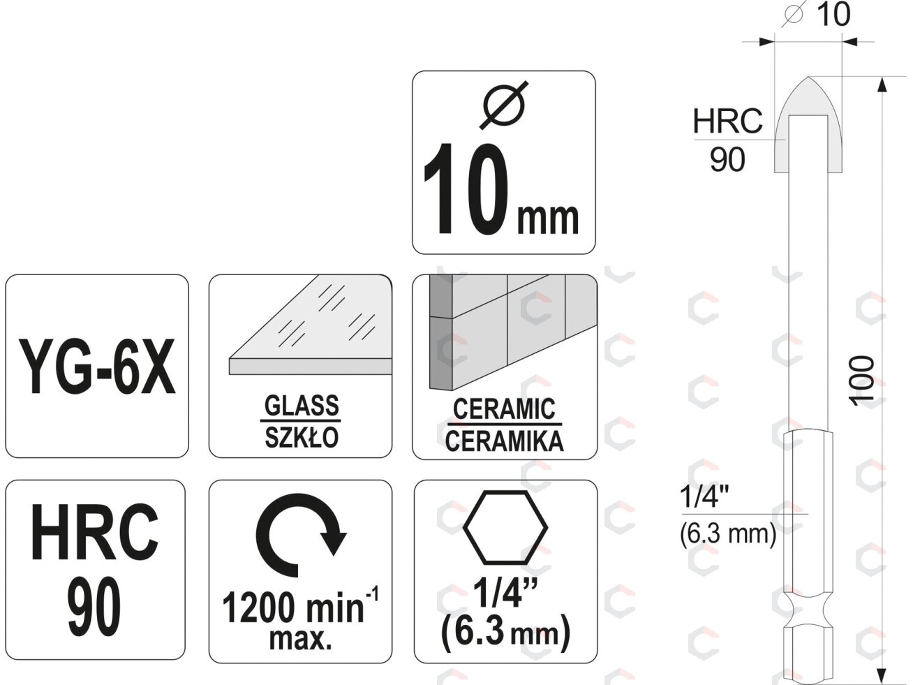 Grąžtas stiklui ir keramikai | 6.3 mm (1/4") galu | 10 mm (21705) 3