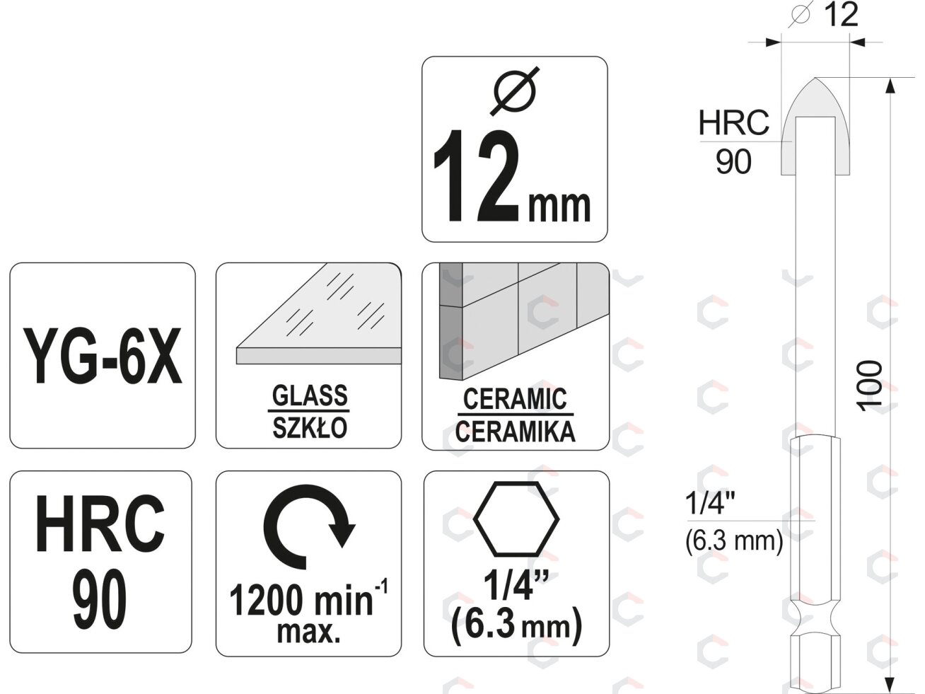 Grąžtas stiklui ir keramikai | 6.3 mm (1/4") galu | 12 mm (21706) 3 Grąžtas stiklui ir keramikai | 6.3 mm (1/4") galu | 12 mm (21706) 3