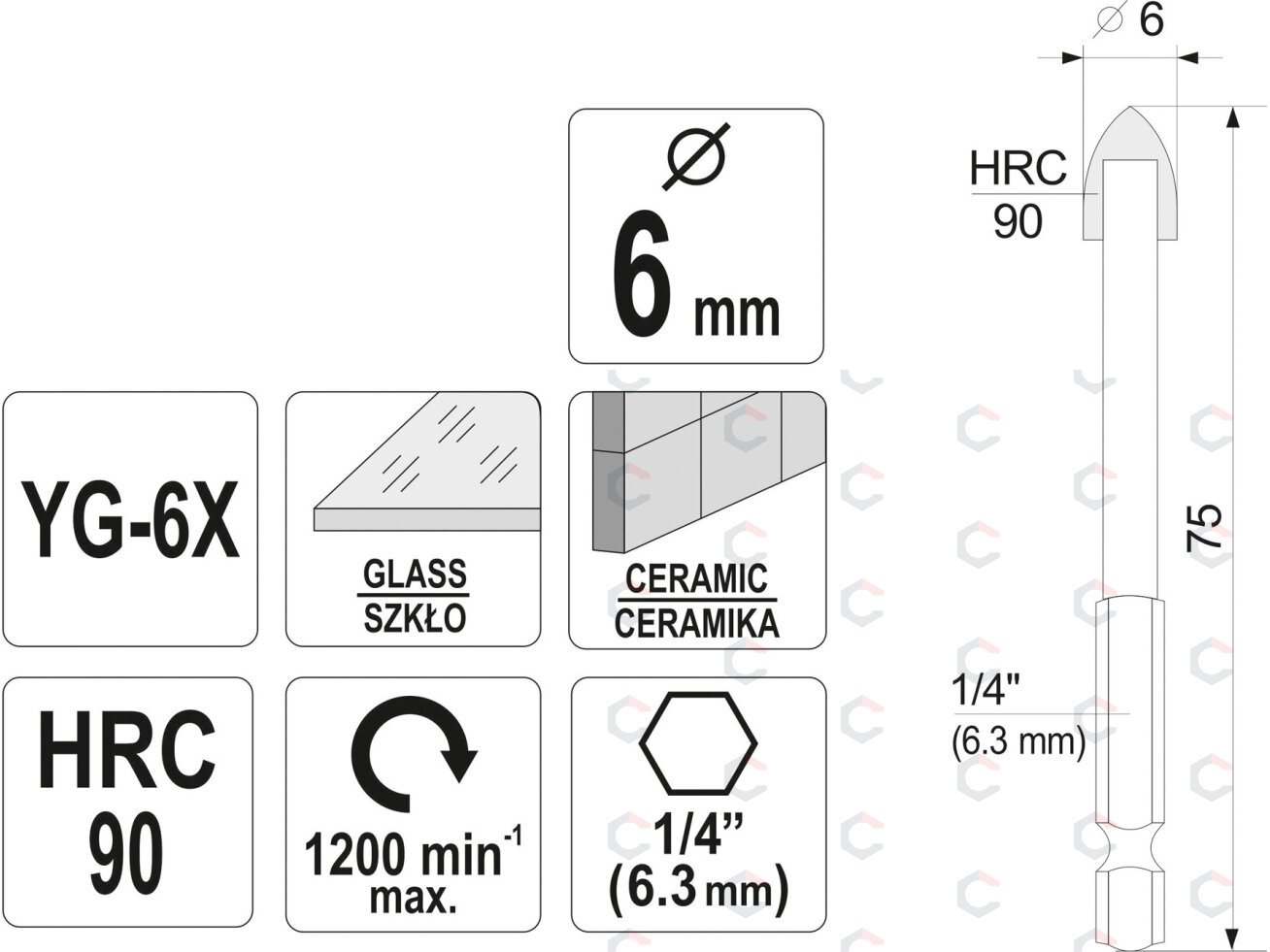 Grąžtas stiklui ir keramikai | 6.3 mm (1/4") galu | 6 mm (21703) 3 Grąžtas stiklui ir keramikai | 6.3 mm (1/4") galu | 6 mm (21703) 3