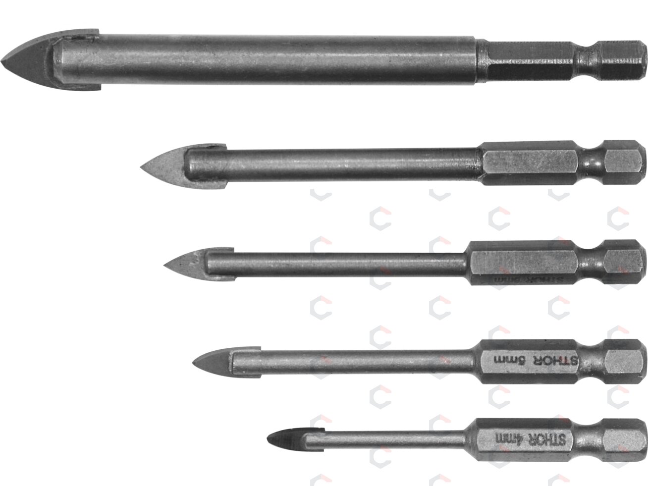 Grąžtų rinkinys stiklui ir keramikai | 6.3 mm (1/4") galu | 4-10 mm | 5 vnt. (21709) 2 Grąžtų rinkinys stiklui ir keramikai | 6.3 mm (1/4") galu | 4-10 mm | 5 vnt. (21709) 2