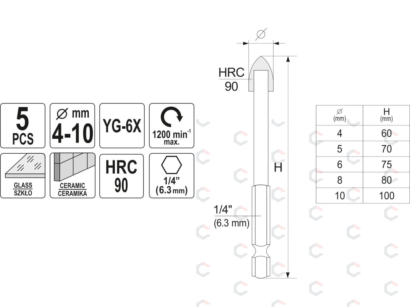 Grąžtų rinkinys stiklui ir keramikai | 6.3 mm (1/4") galu | 4-10 mm | 5 vnt. (21709) 4 Grąžtų rinkinys stiklui ir keramikai | 6.3 mm (1/4") galu | 4-10 mm | 5 vnt. (21709) 4