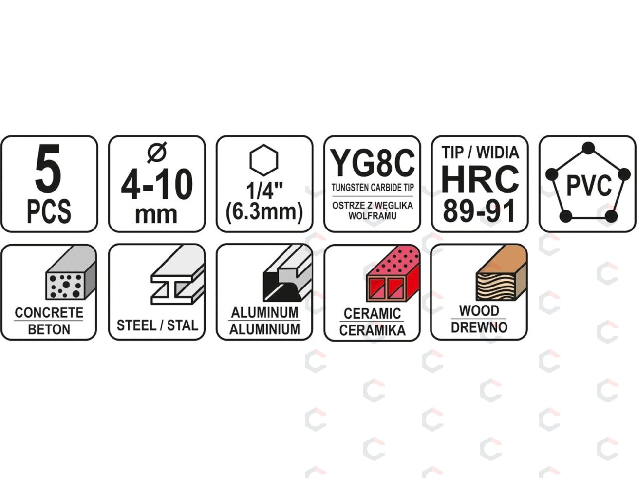 Grąžtų rinkinys su Hex 6.3 mm (1/4") galu | universalūs | 4 - 10 mm | 5 vnt. (YT-44789) 3 Grąžtų rinkinys su Hex 6.3 mm (1/4") galu | universalūs | 4 - 10 mm | 5 vnt. (YT-44789) 3