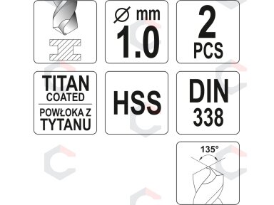 Grąžtas metalui HSS-TIN 1.0 mm, 2vnt. (YT-44630)