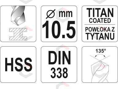 Grąžtas metalui HSS-TIN 10.5 mm (YT-44663)