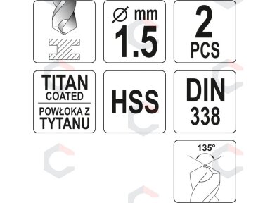 Grąžtas metalui HSS-TIN 1.5 mm, 2vnt. (YT-44631)