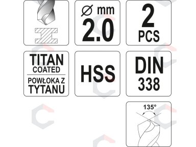 Grąžtas metalui HSS-TIN 2.0 mm, 2vnt. (YT-44632)