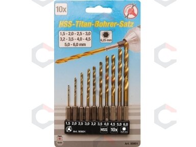 Grąžtų rinkinys su Hex 6.3 mm (1/4") galu | titano nitridas | 1.5 - 6 mm | 10 vnt. (50801)