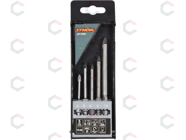 Grąžtų rinkinys stiklui ir keramikai | 6.3 mm (1/4") galu | 4-10 mm | 5 vnt. (21709) 3 Grąžtų rinkinys stiklui ir keramikai | 6.3 mm (1/4") galu | 4-10 mm | 5 vnt. (21709) 3