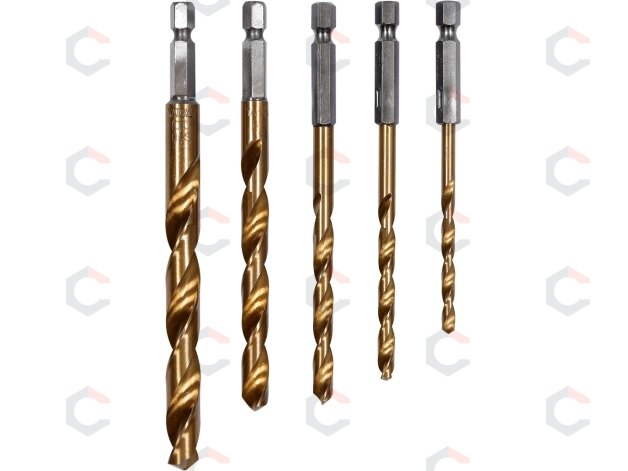 Grąžtų rinkinys su Hex 6.3 mm (1/4") galu | titano nitridas | 4 - 10 mm | 5 vnt. (YT-44700) Grąžtų rinkinys su Hex 6.3 mm (1/4") galu | titano nitridas | 4 - 10 mm | 5 vnt. (YT-44700)