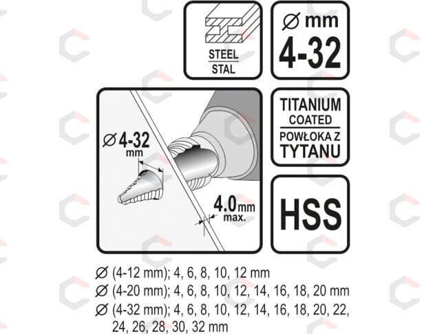 Grąžtai skylės (pa)platinimui pakopiniai | 4-32 mm | 3 vnt. (22616) 3 Grąžtai skylės (pa)platinimui pakopiniai | 4-32 mm | 3 vnt. (22616) 3