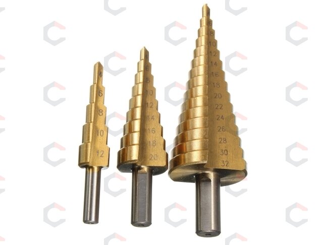 Grąžtai skylės (pa)platinimui pakopiniai | metalinė dėžutė | 4-32 mm | 3 vnt. (SK1631) 4