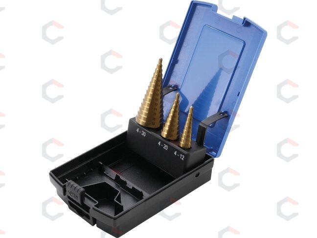 Grąžtai skylės (pa)platinimui pakopiniai | Titano nitridas | Ø 4 - 30 mm | 3 vnt. (1624) Grąžtai skylės (pa)platinimui pakopiniai | Titano nitridas | Ø 4 - 30 mm | 3 vnt. (1624)