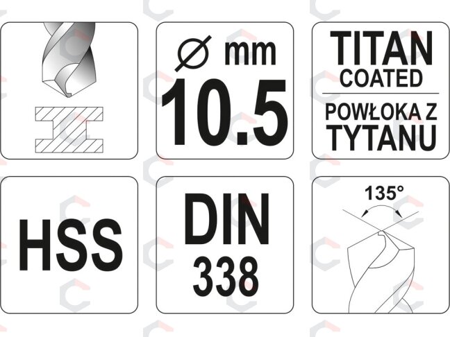 Grąžtas metalui HSS-TIN 10.5 mm (YT-44663) 1
