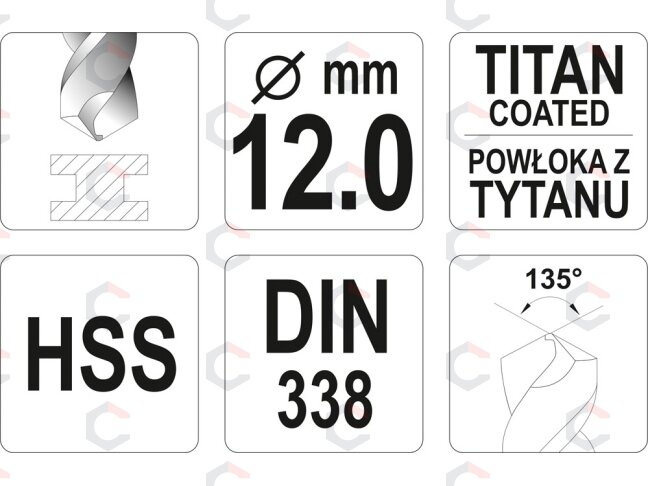 Grąžtas metalui HSS-TIN 12.0 mm (YT-44666) 1 Grąžtas metalui HSS-TIN 12.0 mm (YT-44666) 1