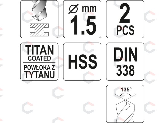 Grąžtas metalui HSS-TIN 1.5 mm, 2vnt. (YT-44631) 1
