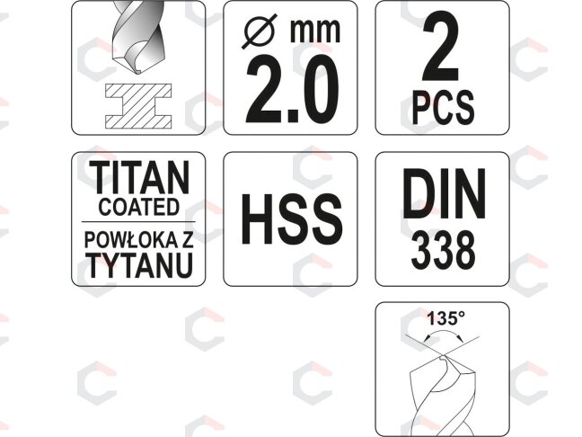 Grąžtas metalui HSS-TIN 2.0 mm, 2vnt. (YT-44632) 1