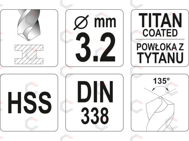 Grąžtas metalui HSS-TIN 3.2 mm (YT-44637) 1 Grąžtas metalui HSS-TIN 3.2 mm (YT-44637) 1