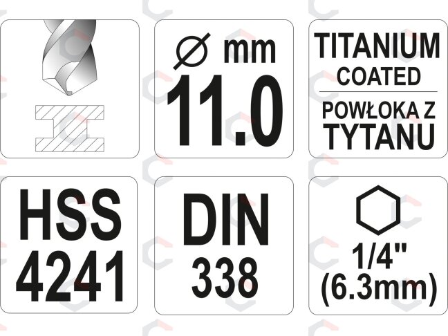 Grąžtas metalui su Hex 6.3 mm (1/4") galu HSS-TiN | 11.0 mm (YT-44773) 2 Grąžtas metalui su Hex 6.3 mm (1/4") galu HSS-TiN | 11.0 mm (YT-44773) 2