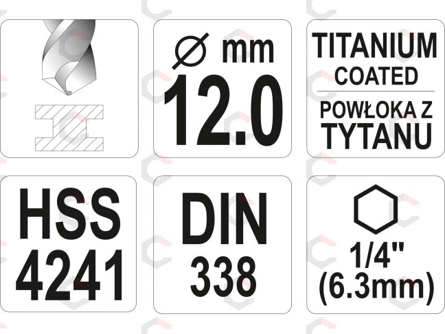 Grąžtas metalui su Hex 6.3 mm (1/4") galu HSS-TiN | 12.0 mm (YT-44774) 3
