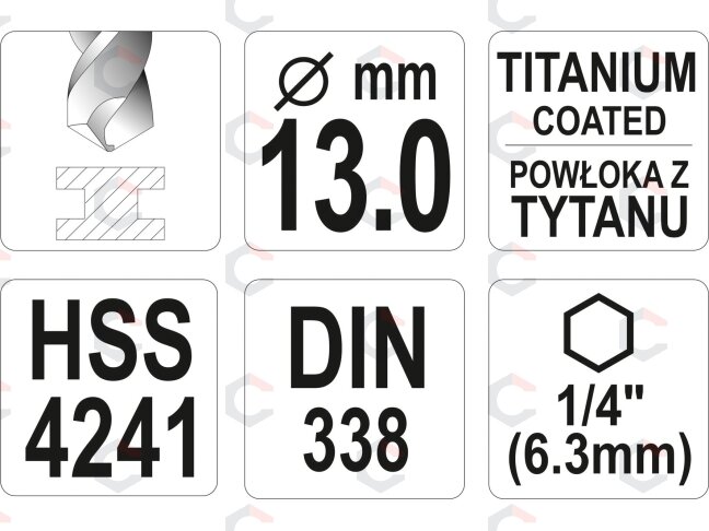 Grąžtas metalui su Hex 6.3 mm (1/4") galu HSS-TiN | 13.0 mm (YT-44776) 3