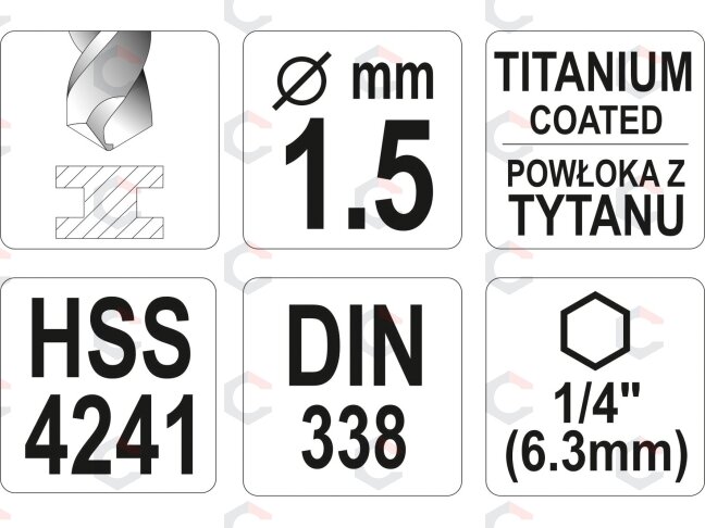 Grąžtas metalui su Hex 6.3 mm (1/4") galu HSS-TiN | 1,5 mm (YT-44750) 3