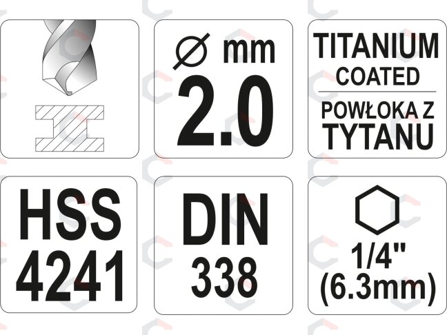 Grąžtas metalui su Hex 6.3 mm (1/4") galu HSS-TiN | 2.0 mm (YT-44751) 3 Grąžtas metalui su Hex 6.3 mm (1/4") galu HSS-TiN | 2.0 mm (YT-44751) 3