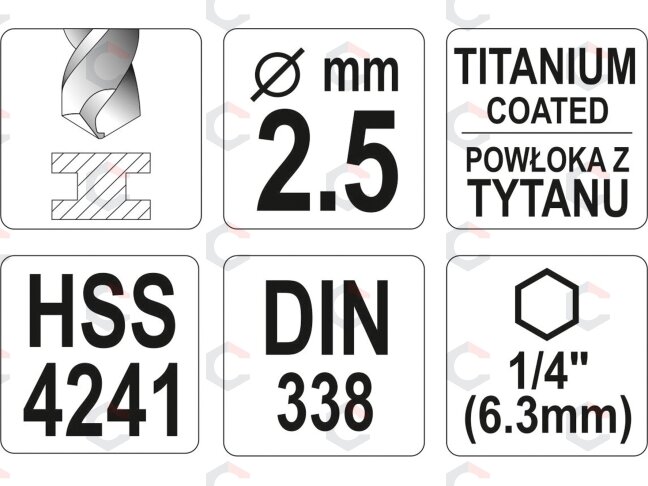 Grąžtas metalui su Hex 6.3 mm (1/4") galu HSS-TiN | 2.5 mm (YT-44752) 3 Grąžtas metalui su Hex 6.3 mm (1/4") galu HSS-TiN | 2.5 mm (YT-44752) 3