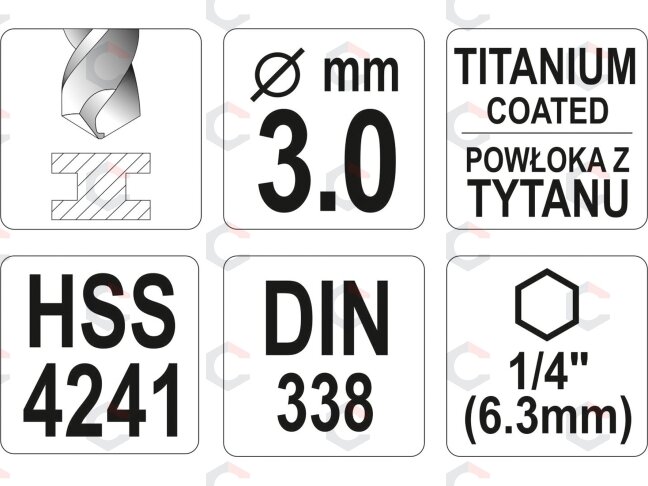 Grąžtas metalui su Hex 6.3 mm (1/4") galu HSS-TiN | 3.0 mm (YT-44754) 3 Grąžtas metalui su Hex 6.3 mm (1/4") galu HSS-TiN | 3.0 mm (YT-44754) 3
