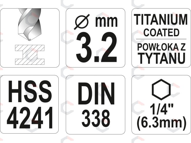 Grąžtas metalui su Hex 6.3 mm (1/4") galu HSS-TiN | 3.2 mm (YT-44755) 3 Grąžtas metalui su Hex 6.3 mm (1/4") galu HSS-TiN | 3.2 mm (YT-44755) 3