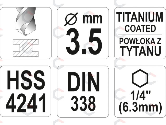 Grąžtas metalui su Hex 6.3 mm (1/4") galu HSS-TiN | 3.5 mm (YT-44756) 3 Grąžtas metalui su Hex 6.3 mm (1/4") galu HSS-TiN | 3.5 mm (YT-44756) 3